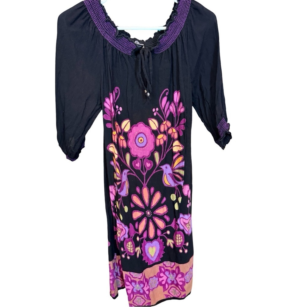 Black Boho Peasant Dress | Bird Floral Print | Smocked Neckline | Size M - Picture 2 of 11